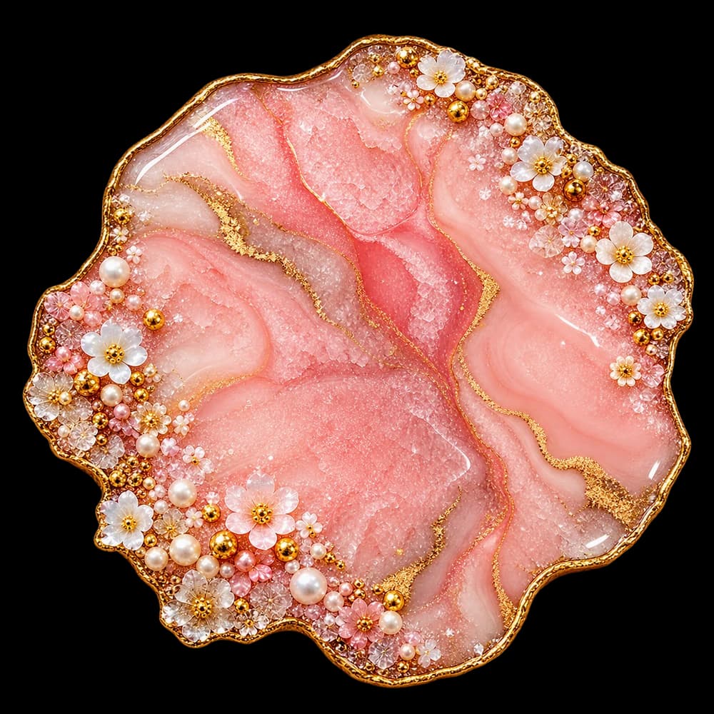 Blush pink coaster with gold edging, pearls and floral details
