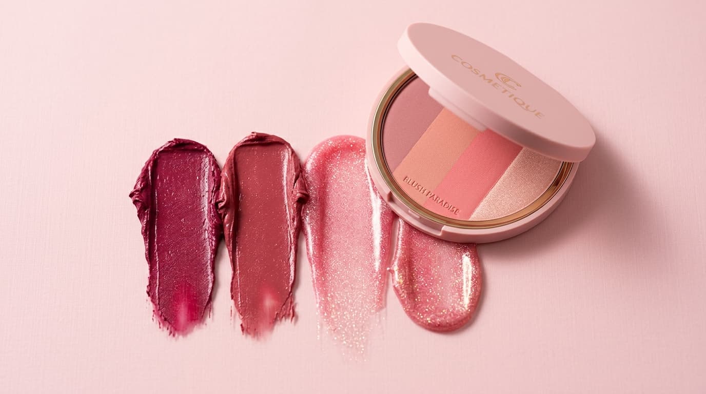 A colorful makeup palette and lip swatches