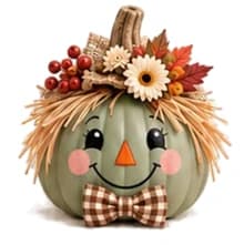 Harvest Friend pumpkin with autumn flowers and a gingham bow tie