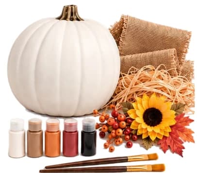 A white ceramic pumpkin, paints, brushes, burlap, raffia and fall flowers, from the event poster