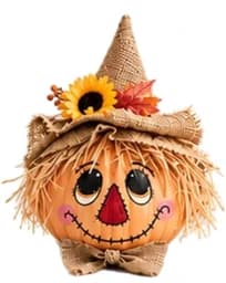 Scarecrow Cutie pumpkin with a sunflower hat and straw hair