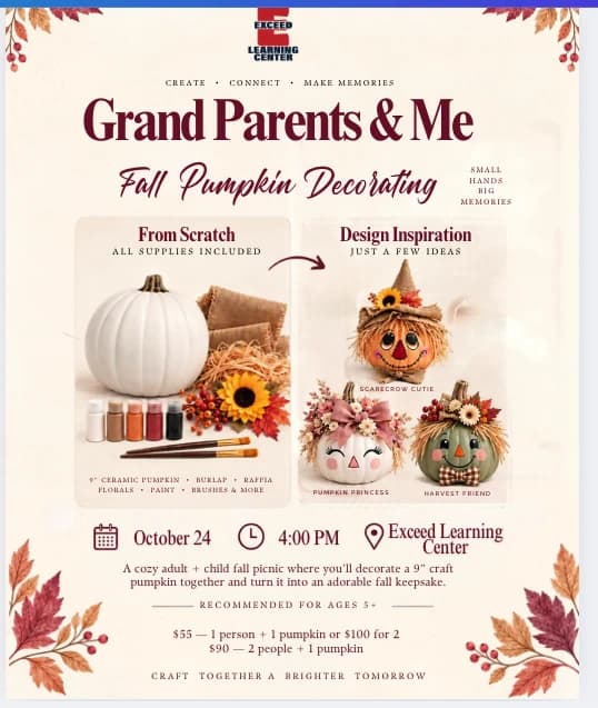 Grand Parents & Me Fall Pumpkin Decorating flyer, with supplies, design inspiration, pricing and October 24 at 4:00 PM